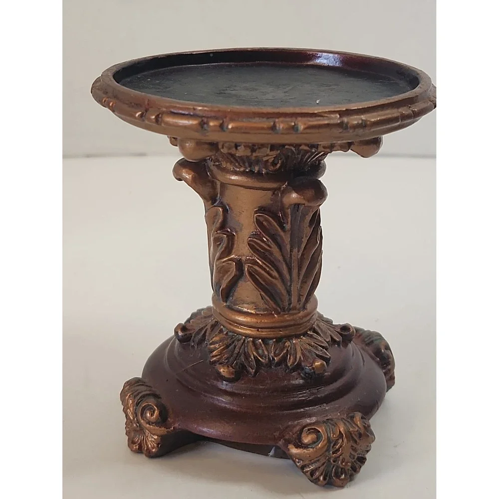 Vtg '03 Goldtone Baroque Pillar Candle Holder Pedestals Staggered Set of 2 Resin